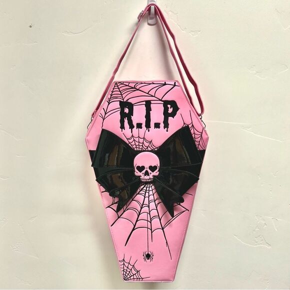 Dolls Kill oversize pink and black skull spiderweb coffin backpack. New in box - Picture 7 of 15